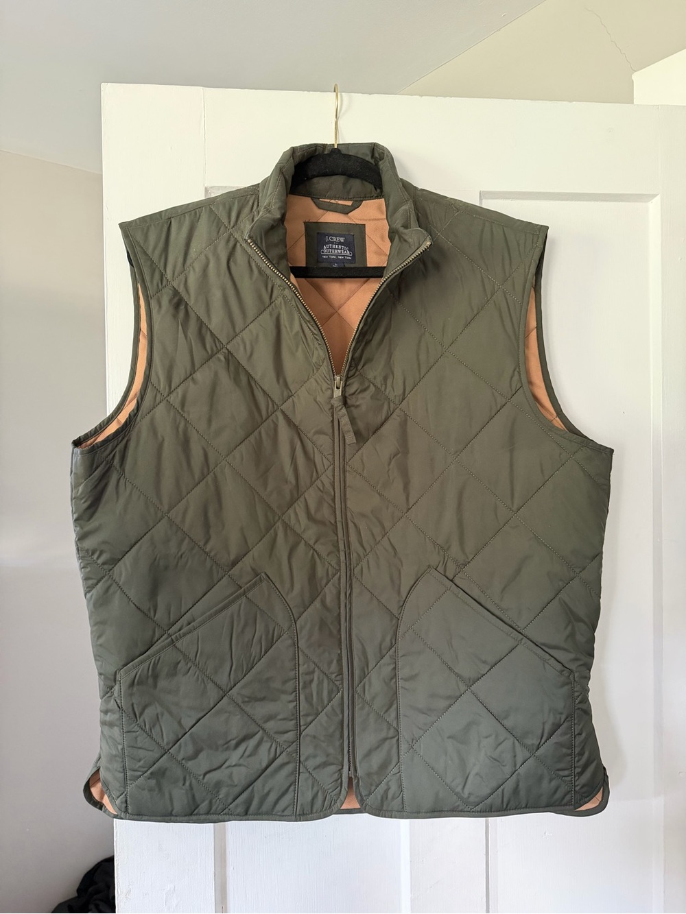 J. Crew Quilted Men's Vest - Olive Green with Tan Interior